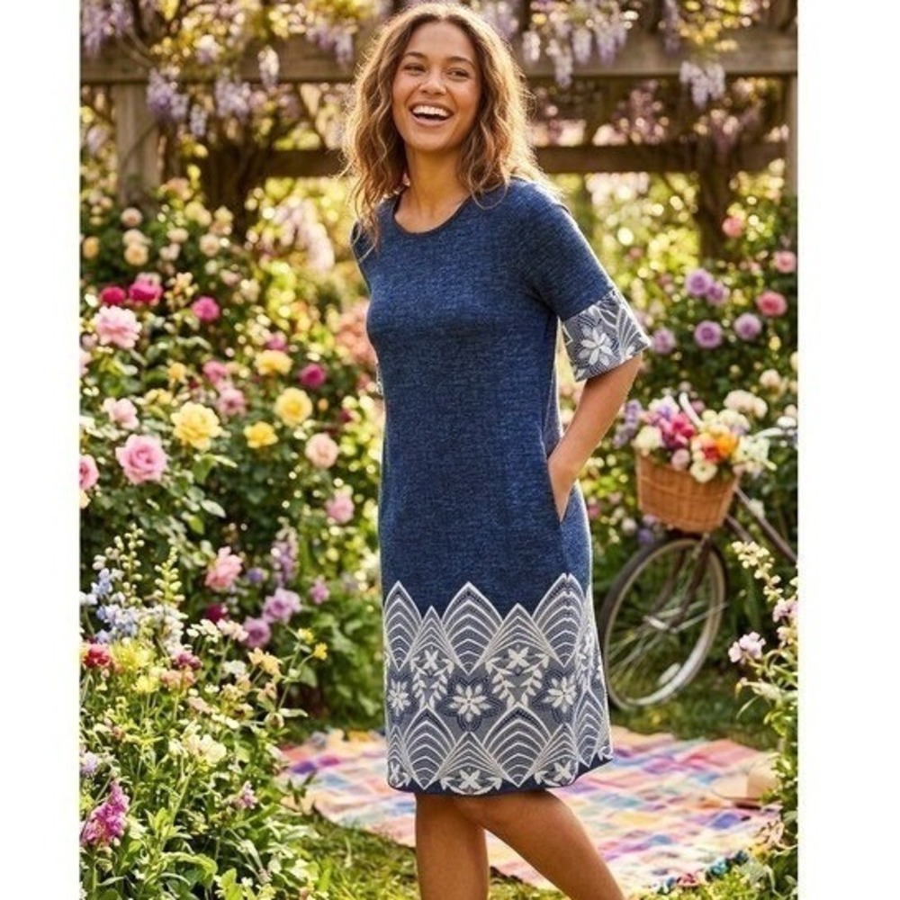 Ellen‎ Weaver Blue Denim Look Shift Dress Short Sleeve Lace Print Border S
